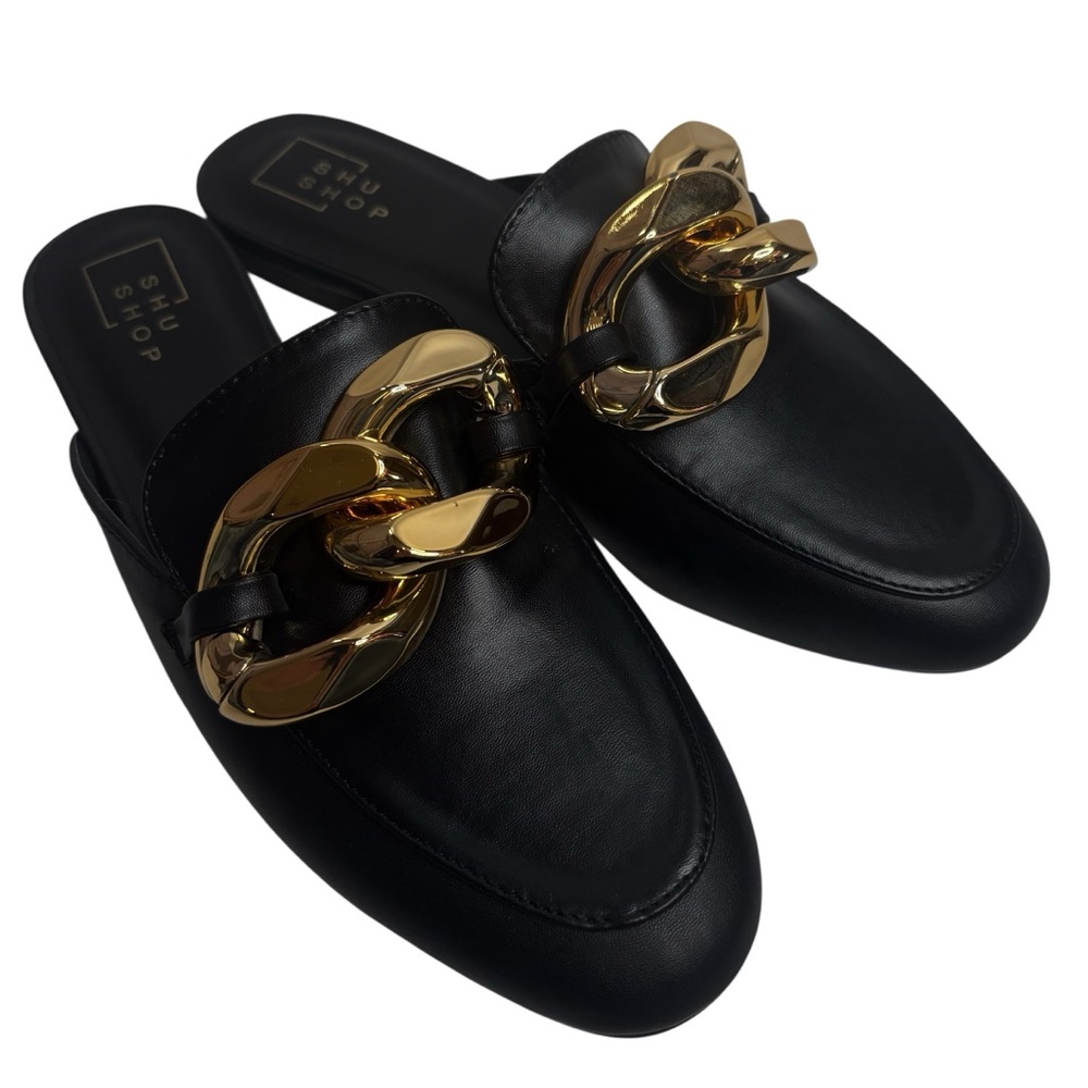 ShuShop Black Flat Faux Leather Mules with Large Gold Chain Detail